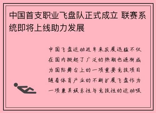 中国首支职业飞盘队正式成立 联赛系统即将上线助力发展