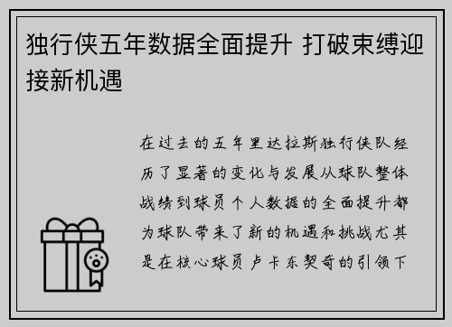 独行侠五年数据全面提升 打破束缚迎接新机遇